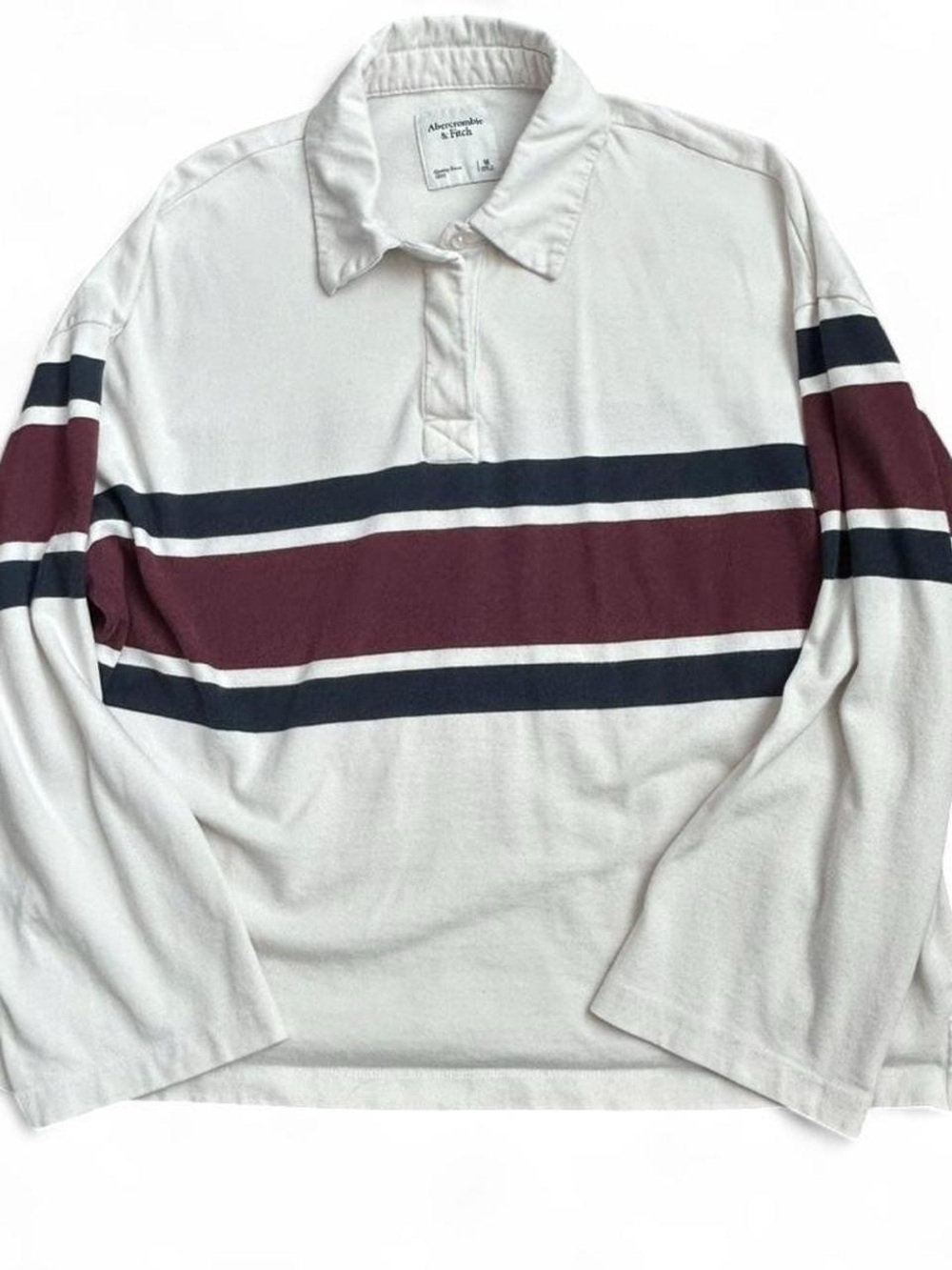 Abercrombie & Fitch White Long-Sleeve Rugby Shirt with Burgundy & Navy Stripes